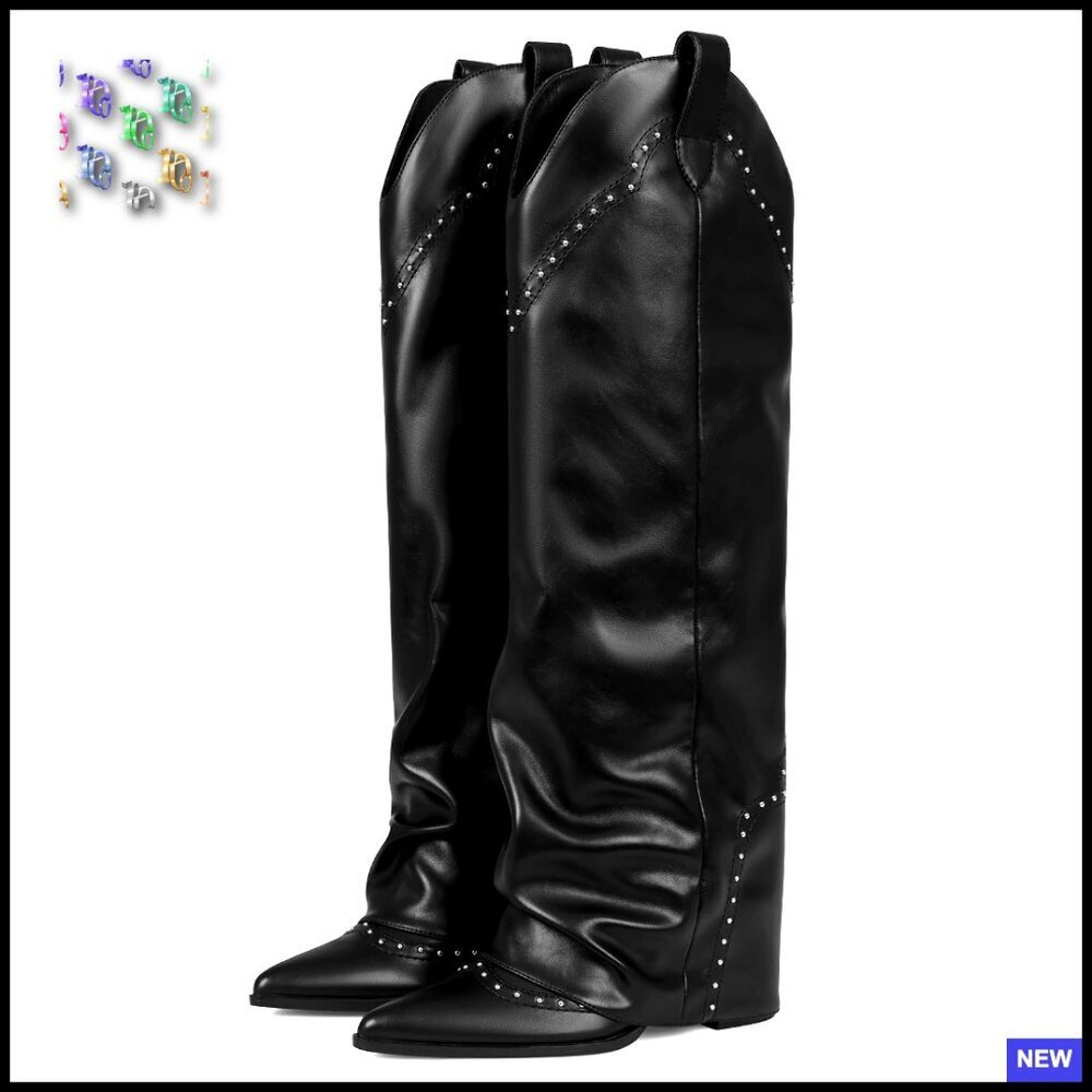 Studded Fold Over Knee High Boots Snip Toe Cowboy Slouch Dress - Picture 1 of 7